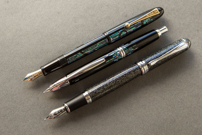 Jinhao x750, Pilot Vanishing Point, Namiki fountain pen in a row