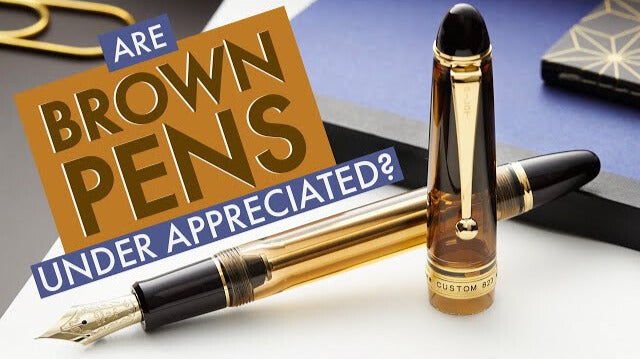 Text "Are Brown Pens Under Appreciated" overlaid on photo of Pilot Custom 823 - Amber