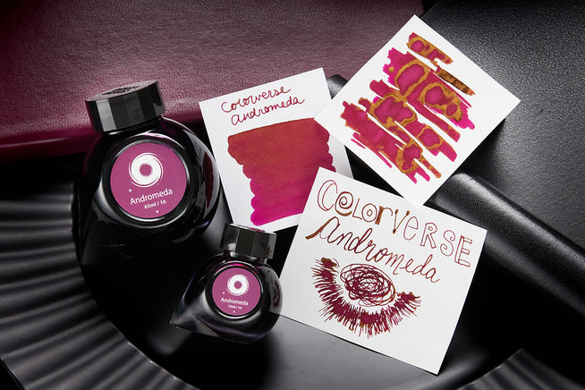 Ink splatter of Colorverse Andromeda fountain pen ink with uncalled LAMY AL-star