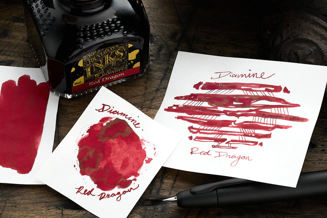 Diamine Red Dragon, ink swabs, ink bottle, red fountain pen ink
