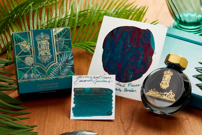 Ferris Wheel Press Edwards Garden Fountain Pen Ink bottle, writing sample and swab