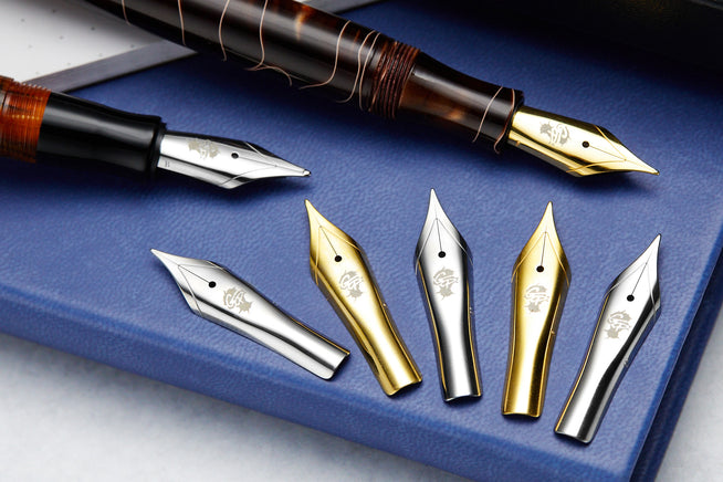 Close up of Goulet #6 Nibs on a blue notebook