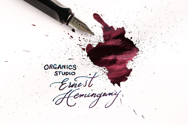 Organics Studio Santiago's Sea Blue fountain pen ink writing with ink splatter and fountain pen