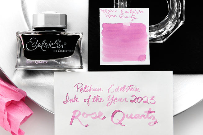 Pelikan Edelstein Rose Quartz fountain pen ink bottle and writing sample
