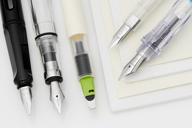 Five fountain pens with italic/stub nibs