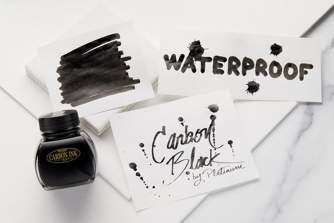 Platinum Carbon Black fountain pen ink, swatch, ink bottle