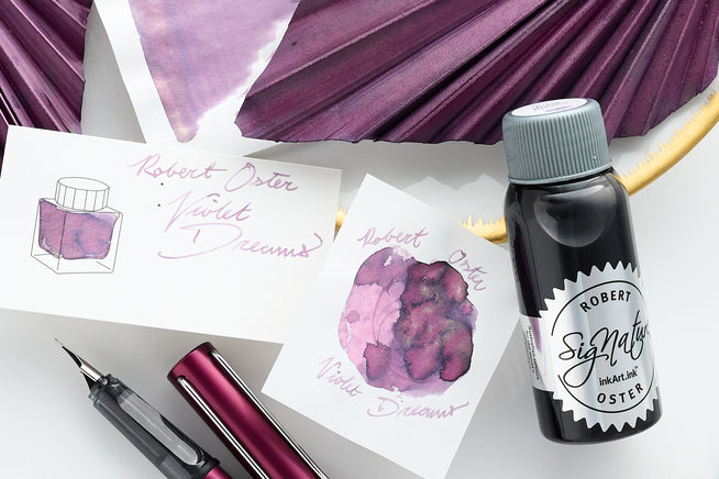 Robert Oster Violet Dreams Bottled Ink, fountain pen, purple decorations