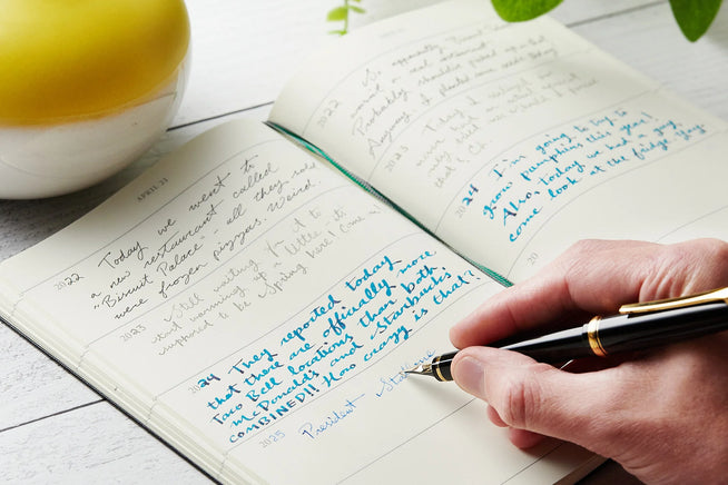 Writing in a journal with different colored inks