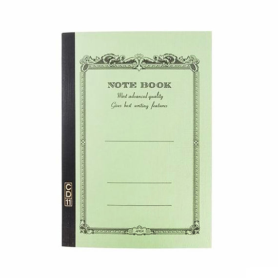 Light green notebook with decorative black border on a white background