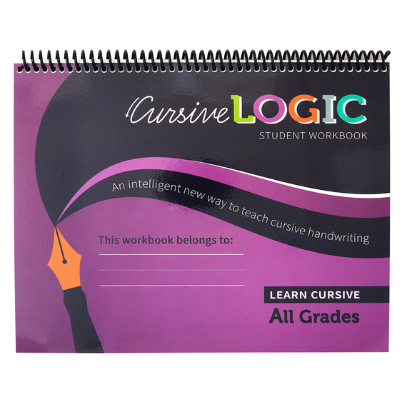 Cursive Logic student workbook with purple and black design
