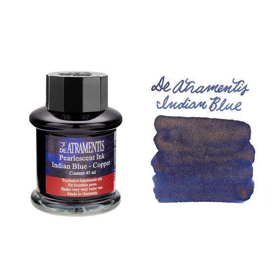 De Atramentis pearlenscent ink bottle with a swatch of Indian Blue color on a white background