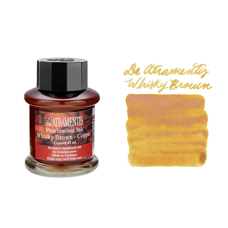 De Atramentis Whisky Brown ink bottle with color swatch on a white background