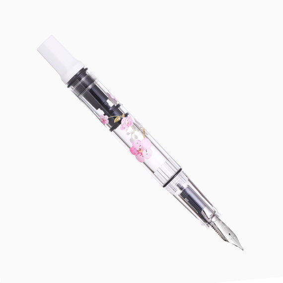 TWSBI ECO Cherry Blossom fountain pen with transparent body and pink blossom motif