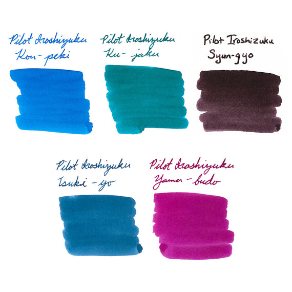 Collection of Pilot Iroshizuku ink swatches in various colors on a white background.