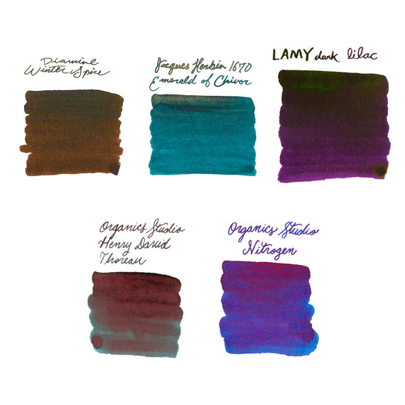 Color swatches of ink with brand names on a white background