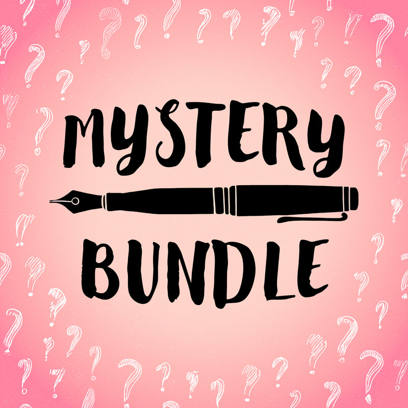 llustration featuring the words "MYSTERY BUNDLE" with a fountain pen between them, surrounded by question marks on a pink background.