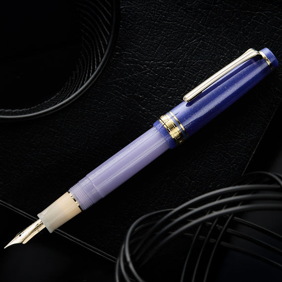 Dark and light purple fountain pen with gold accents on a black background