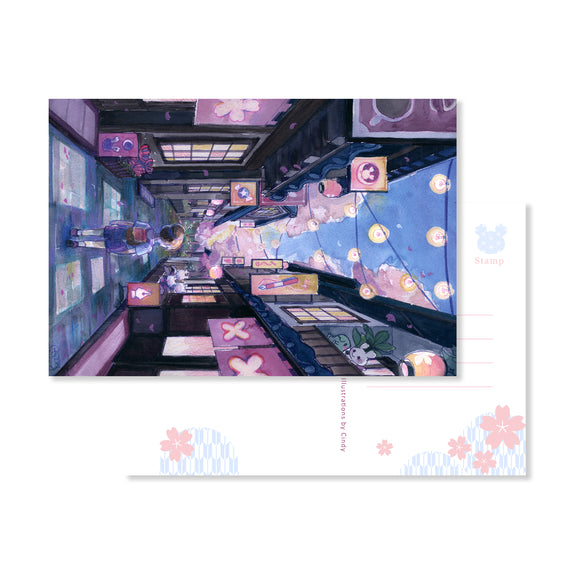 Front and back of an Esterbrook Sakura Street postcard showing a night street scene illustration alongside the address side with cherry blossom details.