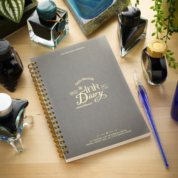 A gray spiral-bound notebook with gold lettering reading 'Daily Records Ink Diary' is placed on a light wood desk, surrounded by ink bottles, a blue pen, and green plants.